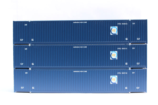 Florida East Coast FEC (HO Scale 1:87) 53' HIGH CUBE 8-55-8, 3 pack of containers with IBC castings at 53' corner. JTC # 953026