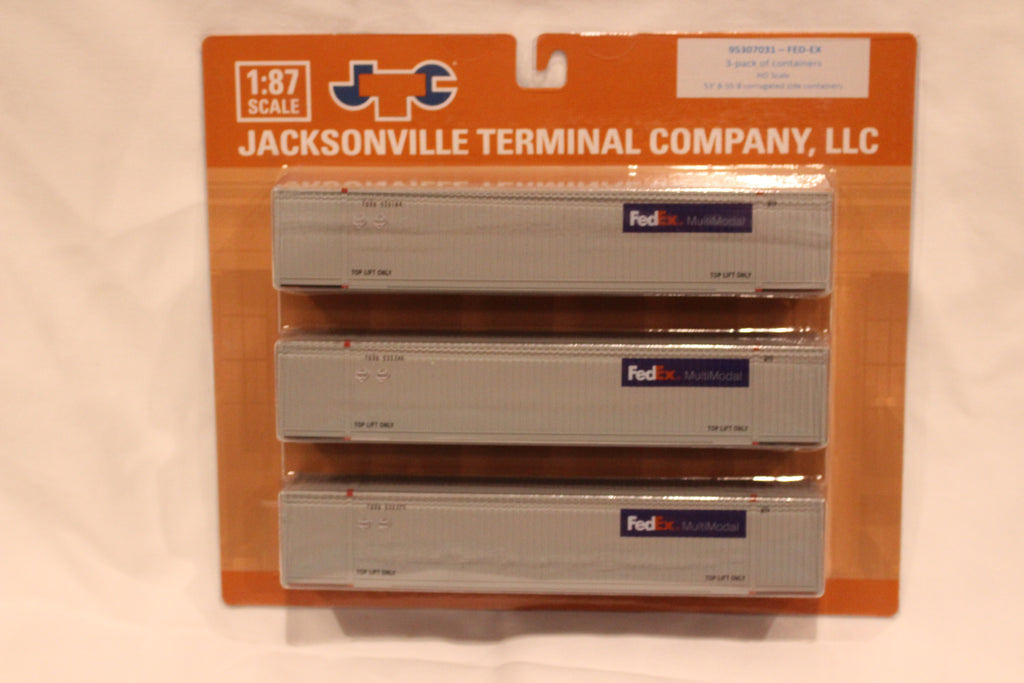 FedEx Multimodal (HO Scale 1:87) 8-55-8 Set #1, 3-pack Corrugated 4VI container with placards.. JTC# 95307031