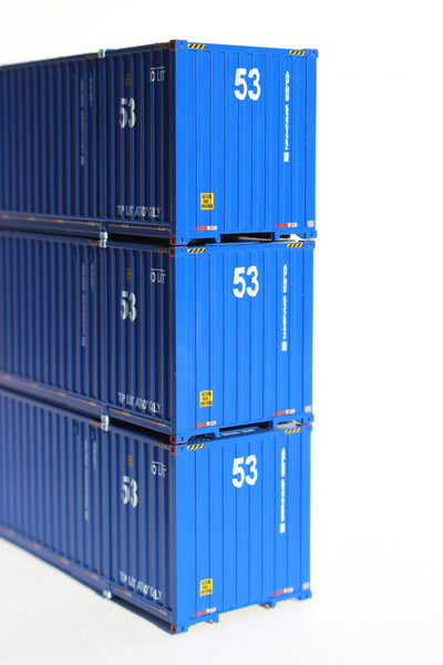 APL large logo set #1, "No Lift" Ocean 53' (HO Scale 1:87) 3 pack of containers with IBC castings at 53' corner. JTC # 953037