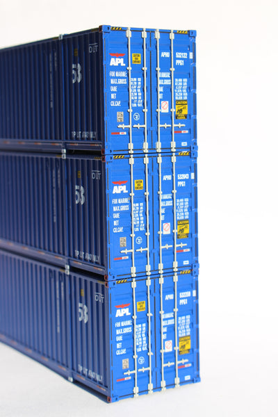 APL large logo set #1, "No Lift" Ocean 53' (HO Scale 1:87) 3 pack of containers with IBC castings at 53' corner. JTC # 953037