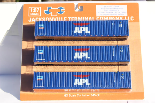 APL large logo, "Early Scheme" Ocean 53' (HO Scale 1:87) 3 pack of containers with IBC castings at 53' corner. JTC # 953039