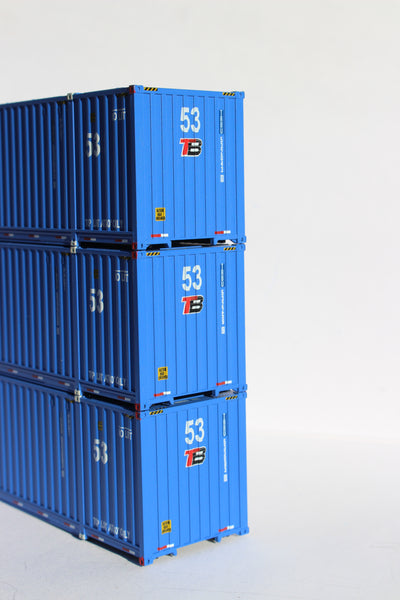 Trailer Bridge "patched" Ocean 53' (HO Scale 1:87) 3 pack of containers with IBC castings at 53' corner. JTC # 953040