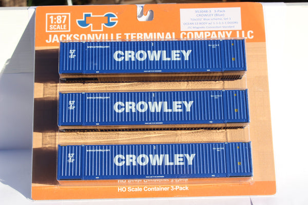Crowley blue "Website" Ocean 53' (HO Scale 1:87) 3 pack of containers with IBC castings at 53' corner. JTC # 953048