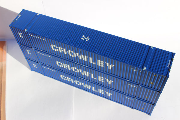 Crowley blue "Website" Ocean 53' (HO Scale 1:87) 3 pack of containers with IBC castings at 53' corner. JTC # 953048