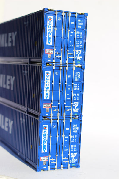 Crowley blue "Website" Ocean 53' (HO Scale 1:87) 3 pack of containers with IBC castings at 53' corner. JTC # 953048