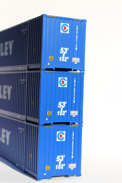 Crowley blue "Website" Ocean 53' (HO Scale 1:87) 3 pack of containers with IBC castings at 53' corner. JTC # 953048
