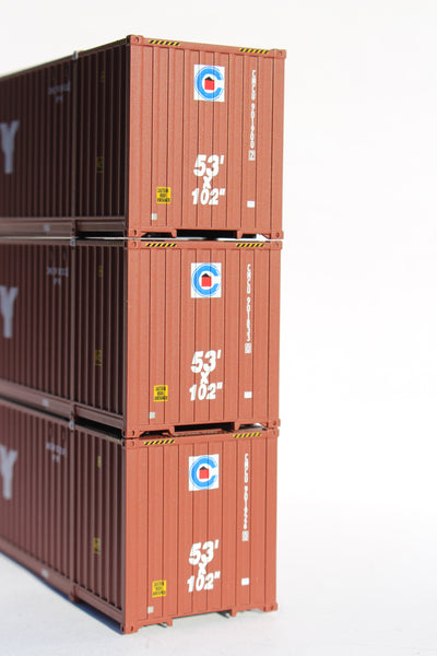 Crowley brown "Website" Ocean 53' (HO Scale 1:87) 3 pack of containers with IBC castings at 53' corner. JTC # 953049