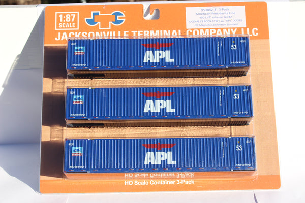 APL large logo set #2, "No Lift" Ocean 53' (HO Scale 1:87) 3 pack of containers with IBC castings at 53' corner. JTC # 953052