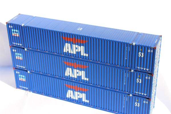 APL large logo set #2, "No Lift" Ocean 53' (HO Scale 1:87) 3 pack of containers with IBC castings at 53' corner. JTC # 953052