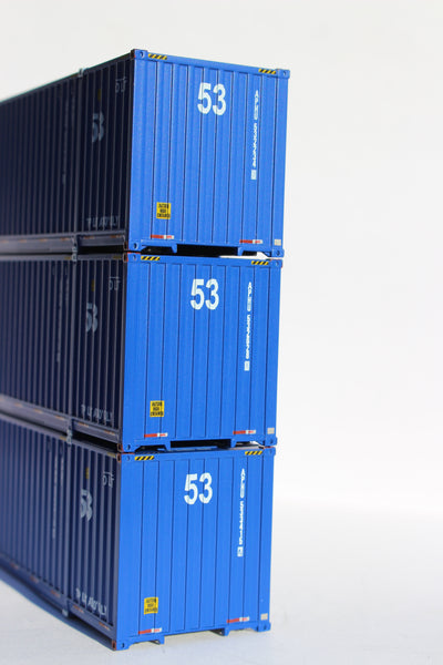 APL large logo set #2, "No Lift" Ocean 53' (HO Scale 1:87) 3 pack of containers with IBC castings at 53' corner. JTC # 953052