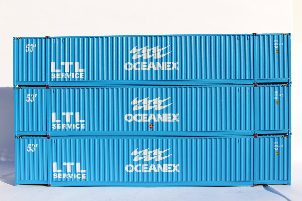 OCEANEX, "large LTL" Ocean 53' (HO Scale 1:87) 3 pack of containers with IBC castings at 53' corner. JTC # 953036