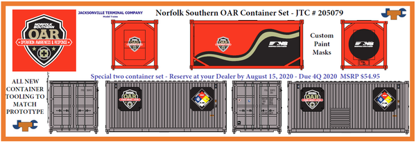 NORFOLK SOUTHERN OAR SPECIAL SET; one-20' Std. height container & one- 20 Tank container.  JTC# 205079  SOLD OUT