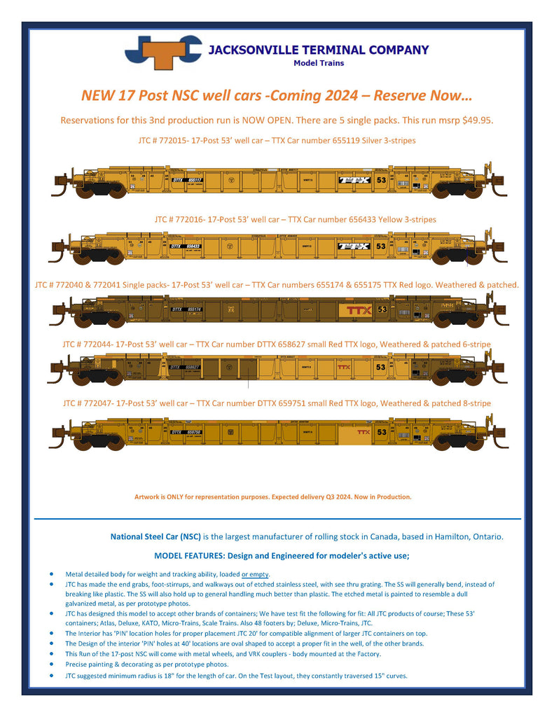 DTTX NSC 53' well car Class NWF13 - 17 Post, 3 silver stripes TTX 655119. JTC# 772015