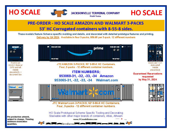 Amazon (HO Scale 1:87) 8-55-8 Set #1, 3-pack Corrugated 4VI container with placards. JTC# 95306931