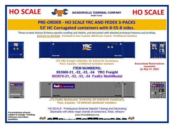 YRC (HO Scale 1:87) 8-55-8 Set #1, 3-pack Corrugated 4VI container with placards.. JTC# 95306831