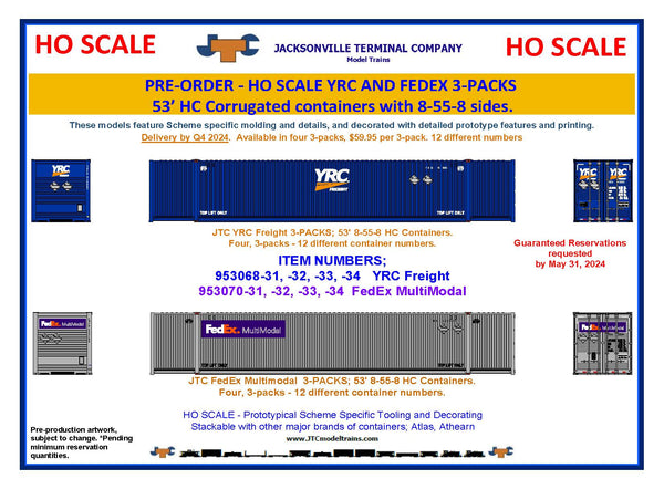 FedEx Multimodal (HO Scale 1:87) 8-55-8 Set #2, 3-pack Corrugated 4VI container with placards.. JTC# 95307032