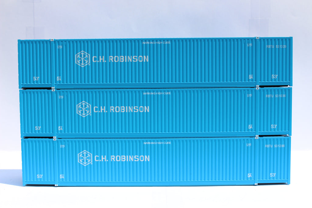 CH Robinson (HO Scale 1:87) 53' HIGH CUBE 8-55-8, 3 pack of containers with IBC castings. JTC # 953027
