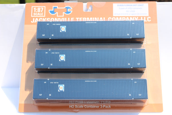 Florida East Coast FEC (HO Scale 1:87) 53' HIGH CUBE 8-55-8, 3 pack of containers with IBC castings at 53' corner. JTC # 953026