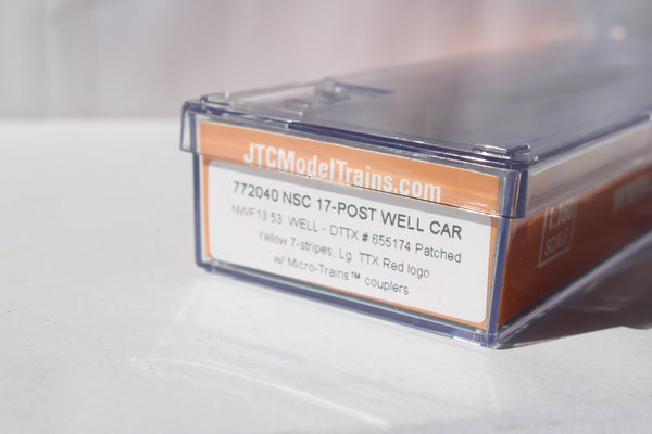 DTTX NSC 53' well car Class NWF13 - 17 Post (W & P) w/stripes, large Red TTX 655174. JTC# 772040