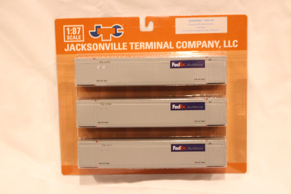 FedEx Multimodal (HO Scale 1:87) 8-55-8 Set #3, 3-pack Corrugated 4VI container with placards.. JTC# 95307033