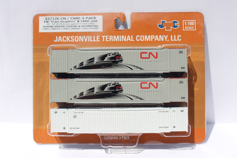 CN Loco graphic(2) & CICU(1) 53' HIGH CUBE 8-55-8 (3-pack) corrugated containers with Magnetic system, Corrugated-side. JTC #537126