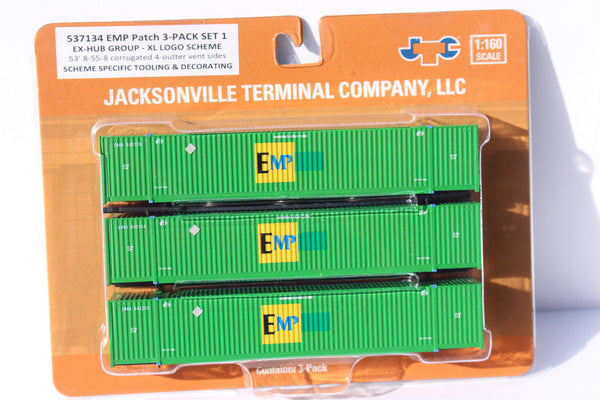 EMP XL scheme (ex HUB patch) 53' HIGH CUBE 8-55-8 (3 pack) corrugated containers. JTC # 537134