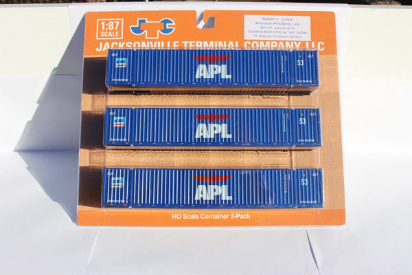 APL large logo set #1, "No Lift" Ocean 53' (HO Scale 1:87) 3 pack of containers with IBC castings at 53' corner. JTC # 953037
