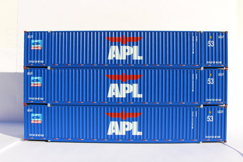 APL large logo set #1, "No Lift" Ocean 53' (HO Scale 1:87) 3 pack of containers with IBC castings at 53' corner. JTC # 953037