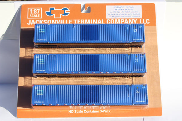 Trailer Bridge "patched" Ocean 53' (HO Scale 1:87) 3 pack of containers with IBC castings at 53' corner. JTC # 953040