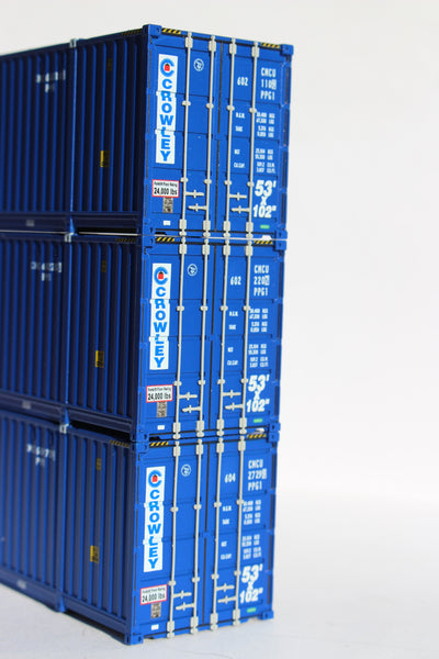 Crowley blue "Website" Ocean 53' (HO Scale 1:87) 3 pack of containers with IBC castings at 53' corner. JTC # 953048
