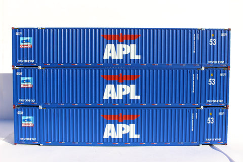 APL large logo set #2, "No Lift" Ocean 53' (HO Scale 1:87) 3 pack of containers with IBC castings at 53' corner. JTC # 953052