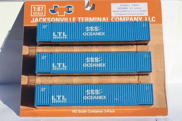 OCEANEX, "large LTL" Ocean 53' (HO Scale 1:87) 3 pack of containers with IBC castings at 53' corner. JTC # 953036