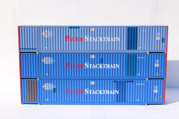 UMAX - FORMER PACER STACKTRAIN variation of patches (HO Scale 1:87) 53' HIGH CUBE, 6-42-6, 3-pack corrugated containers. JTC #953056